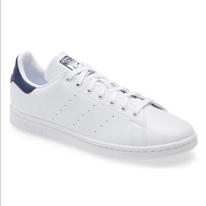 Adidas Stan smith white leather navy blue heel low top lace up sneakers shoes